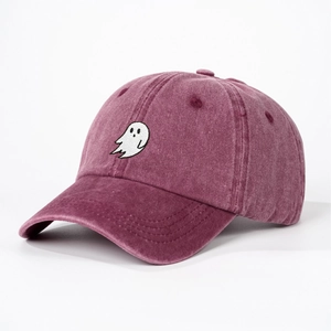 Retro washed cotton baseball cap with ghost embroidery and curved brim in burgundy