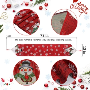 Detail of embroidered snowman Christmas table runner with dimensions and fabric texture