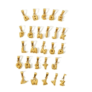 Set of 26 18k gold bubble letter pendants A-Z in stainless steel on white background