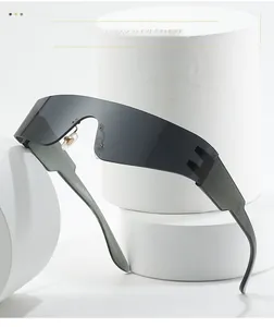 Close-up of frameless wrap-around punk sports sunglasses with transparent grey temples