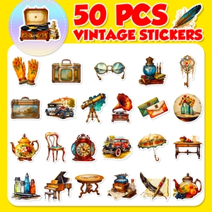 Detailed assortment of 50 vintage stickers featuring nostalgic items like gramophones and cars