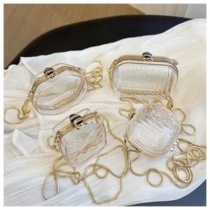 Close-up of clear acrylic box bags with gold bee clasps and metallic chain straps