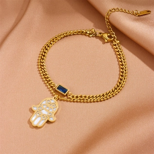 Gold stainless steel double-layer bracelet with blue gemstone and Hamsa Hand charm