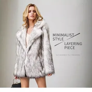 Chic mid-length white faux fur coat with grey flecks and oversized lapels for women