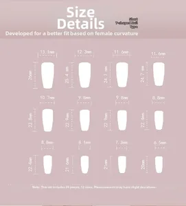 Size chart for 24pcs press-on nails in 12 sizes with detailed width and height measurements