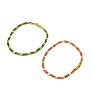 Minimalist gold-plated brass bracelet with emerald green and orange rectangular zircons