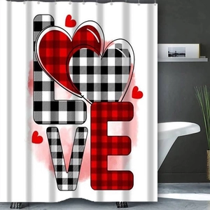 Detail of LOVE pattern shower curtain with red and black buffalo plaid hearts