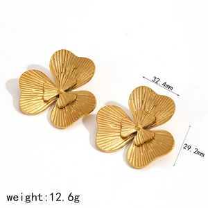 18k gold plated stainless steel three-petal flower earrings with brushed texture