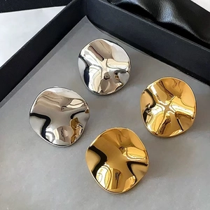 Irregular Geometric Round Stud Earrings High Shine Mirror Polish Metal With 925 Sterling Silver Earring Post For Women