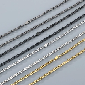 Stainless steel coffee bean link chains in silver, gold, black, and gunmetal finishes