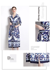 Close-up of blue and white floral porcelain print long dress with side pocket details