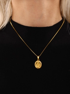 Close-up of Virgin Mary relief pendant on an 18K gold plated stainless steel box chain