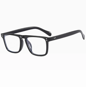 Detailed 45-degree view of black square frame sunglasses with silver rivet accents