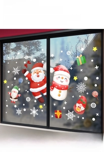 Detail of Christmas window static stickers featuring Santa, snowmen and Nordic gnomes