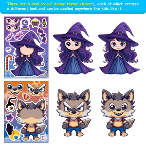 Detail showing cartoon witch and werewolf DIY stickers with facial feature mix-and-match