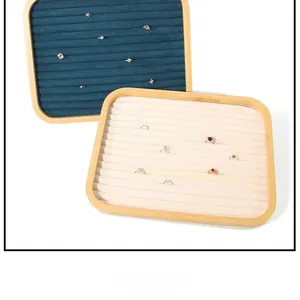 Bamboo jewelry tray with velvet wave slots for ring and earring display storage