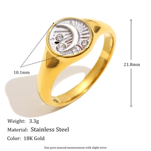 18K gold plated stainless steel signet ring featuring silver crescent moon and zircon sun