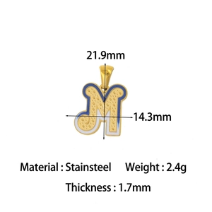 Detailed view of 18k gold plated letter M pendant with blue enamel and dimensions