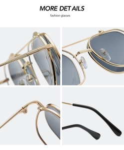 Close-up of gold metal frame sunglasses showing hinges, nose pads, and temple details