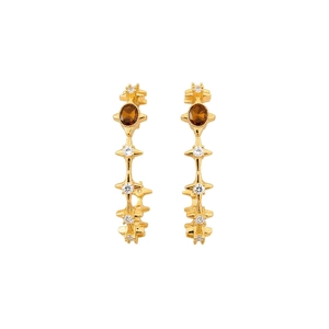 18k gold-plated C-shaped earrings with brown tiger eye stone and white round accents
