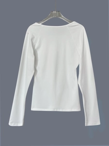 Elegant white long sleeve knit top with delicate V-neck lace trim for casual daily wear