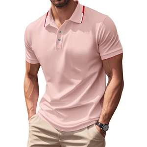 Close-up of peach polo shirt featuring red and white striped cuffs and collar details