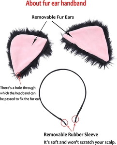 Detail showing detachable pink cat ears and black metal headband with rubber tips