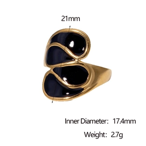 Detailed view of golden stainless steel ring with black enamel drip and size dimensions