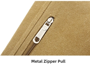 Macro shot of durable metal zipper pull and textured canvas fabric on messenger bag