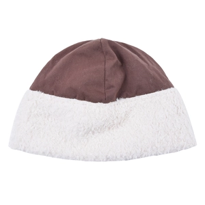 Detail of winter lamb wool bucket hat featuring brown crown and white plush brim