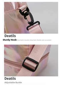 Details der abnehmbaren Haken und des schillernden Stoffes an der rosa Reisetasche