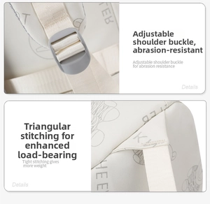 Detail of adjustable shoulder buckle and reinforced stitching on durable white backpack
