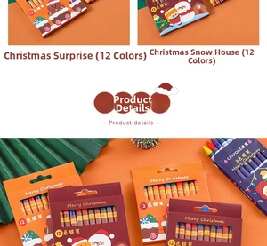 Detailed Christmas themed 12-color crayon set in a festive gingerbread man window box