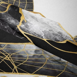 Close-up detail of abstract mountain tapestry with marble texture and gold geometric lines