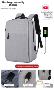 Detail showing laptop backpack with USB charging port and step-by-step connection guide