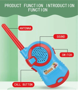 Detail view of colorful walkie-talkie for kids with labels for antenna and speaker