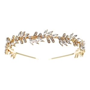 Elegant gold leaf headband featuring sparkling clear rhinestones on a clean white background