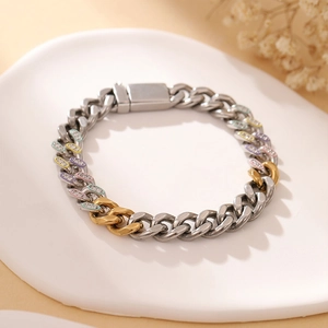 Chic punk style silver and gold Cuban link chain bracelet with colorful enamel inlay