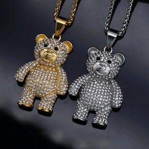 Hiphop Teddybär Anhänger Halsketten in Gold und Silber mit funkelnden Strasssteinen
