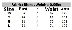 Polka dot midi dress size chart with bust, waist and length measurements in cm