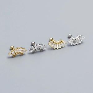 Gold and silver fan-shaped S925 sterling silver stud earrings with sparkling cubic zirconia