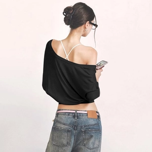 Back view of a black slim-fit off-shoulder sheer top with long sleeves and ruched waist