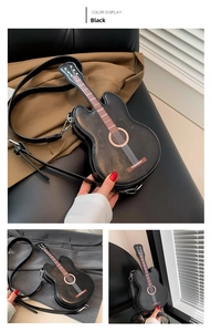 Detailed views of the guitar shaped crossbody bag with black matte leather and metal clips