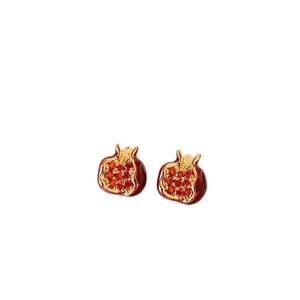 Exquisite gold-plated pomegranate stud earrings with red crystals for women