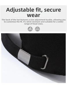 Detail of black wool baseball cap featuring an adjustable silver metal buckle and strap