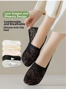 Detailed lace pattern and anti-slip silicone heel design on invisible no-show socks