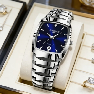 Detailed macro view of the square blue dial with diamond indices and date window at six