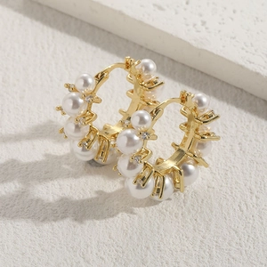 Elegant 14K gold plated hoop earrings with white pearls and sparkling cubic zirconia