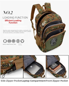 Detailed views of camouflage backpack compartments featuring ARMY SOLDIER logo and laptop sleeve