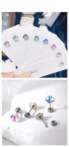 Detailed views of cushion-cut crystal stud earrings with various colors and screw-back posts